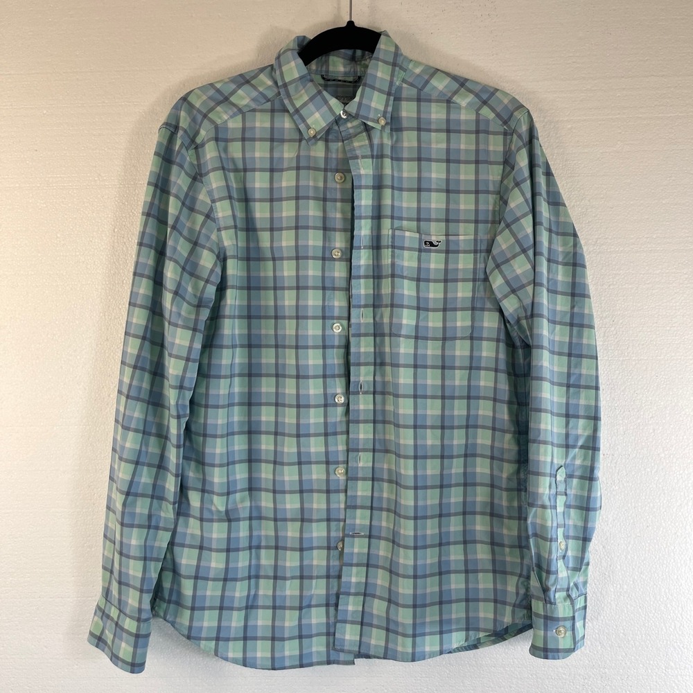 Vineyard Vines Mens Blue Plaid Shirt Sz S Performance Classic Fit Stretch‎ Whale